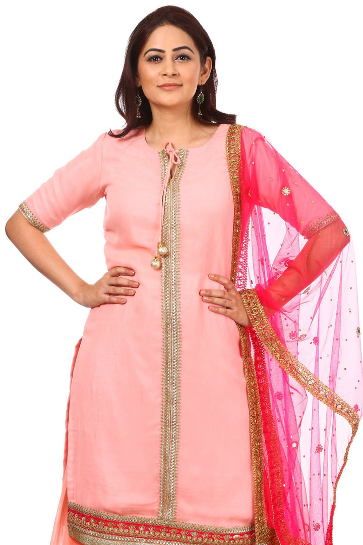 anokherang Combos Peach Charm Short Kurti with Gharara and Hot Pink Mirror and Stone Dupatta