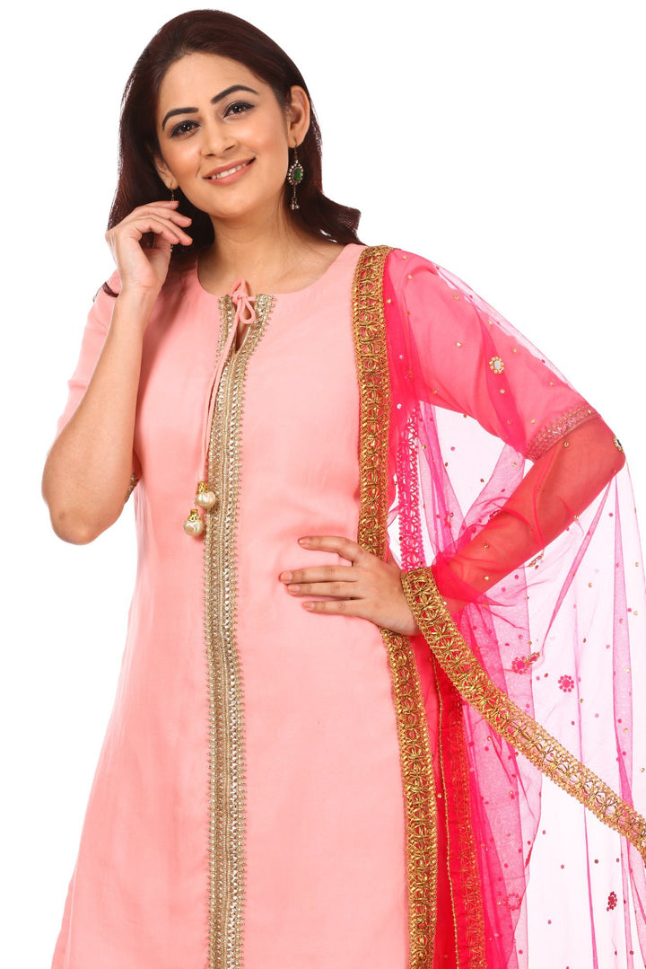 anokherang Combos Peach Charm Short Kurti with Gharara and Hot Pink Mirror and Stone Dupatta
