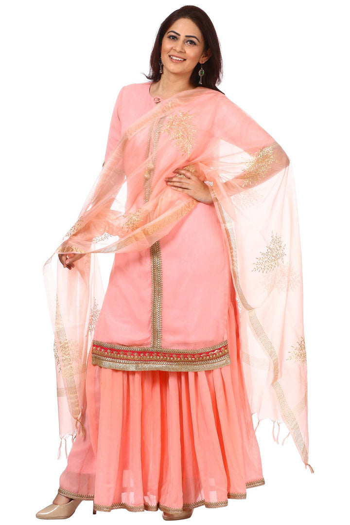anokherang Combos Peach Charm Short Kurti with Gharara with Peach Festive Dupatta
