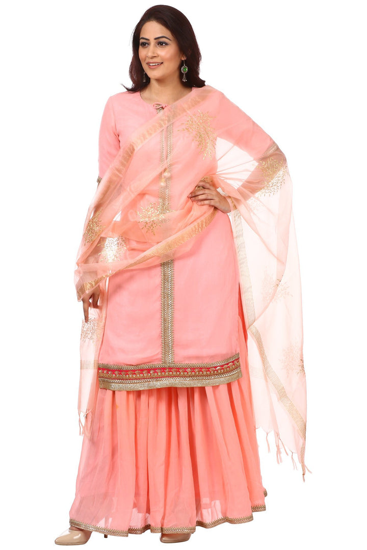 anokherang Combos Peach Charm Short Kurti with Gharara with Peach Festive Dupatta