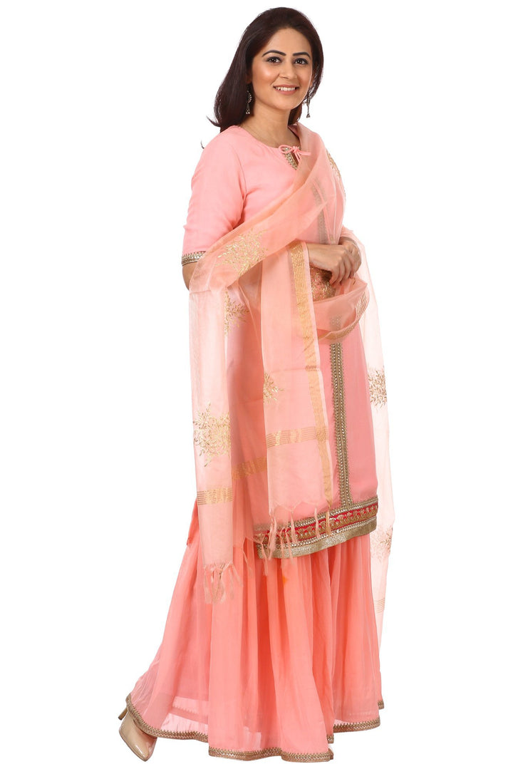 anokherang Combos Peach Charm Short Kurti with Gharara with Peach Festive Dupatta