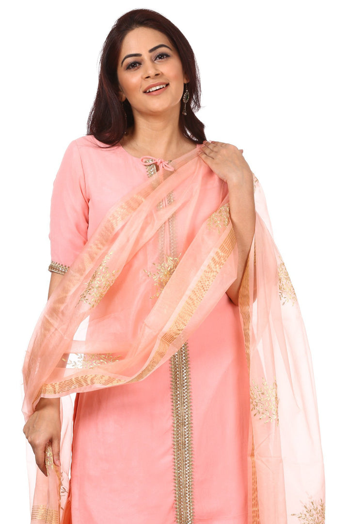 anokherang Combos Peach Charm Short Kurti with Gharara with Peach Festive Dupatta