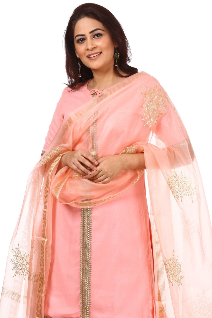 anokherang Combos Peach Charm Short Kurti with Gharara with Peach Festive Dupatta
