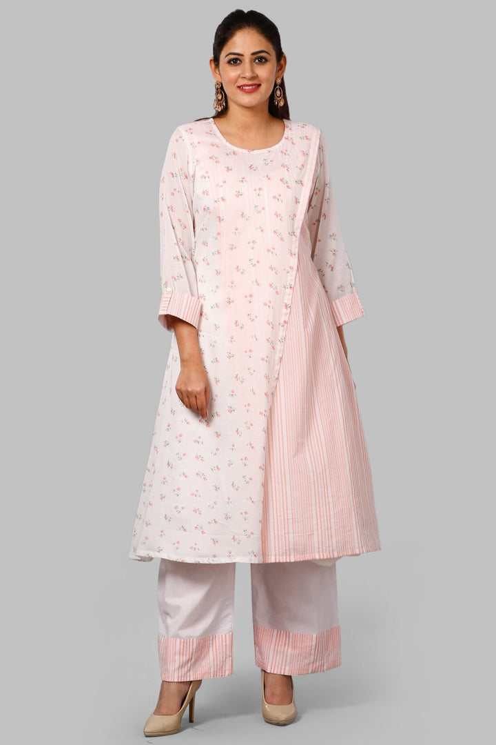anokherang Combos Peach Floral and Striped Overlapped Kurti with Straight Palazzo