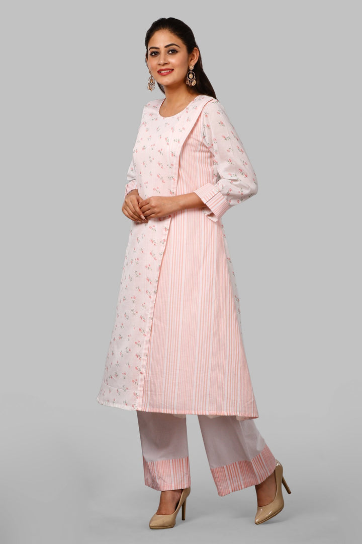 anokherang Combos Peach Floral and Striped Overlapped Kurti with Straight Palazzo