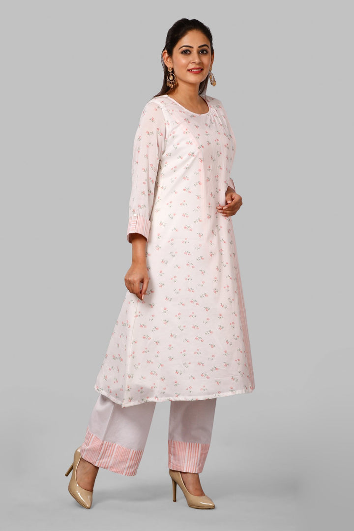 anokherang Combos Peach Floral and Striped Overlapped Kurti with Straight Palazzo