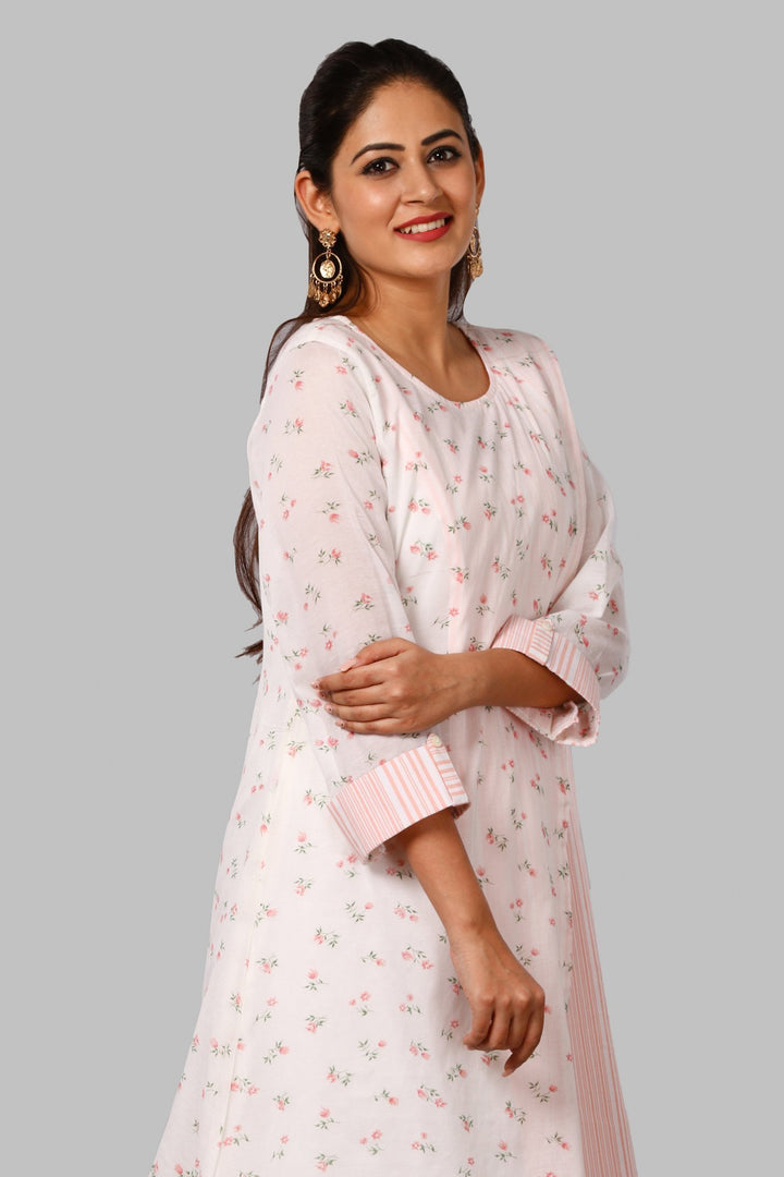anokherang Combos Peach Floral and Striped Overlapped Kurti with Straight Palazzo