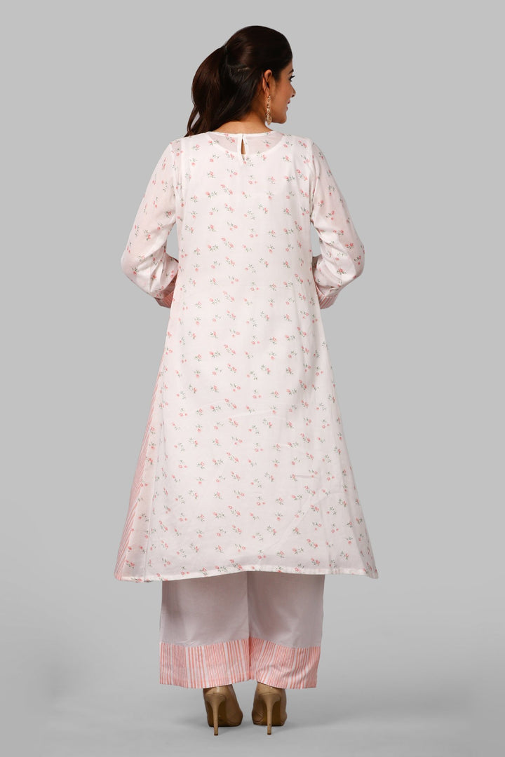 anokherang Combos Peach Floral and Striped Overlapped Kurti with Straight Palazzo