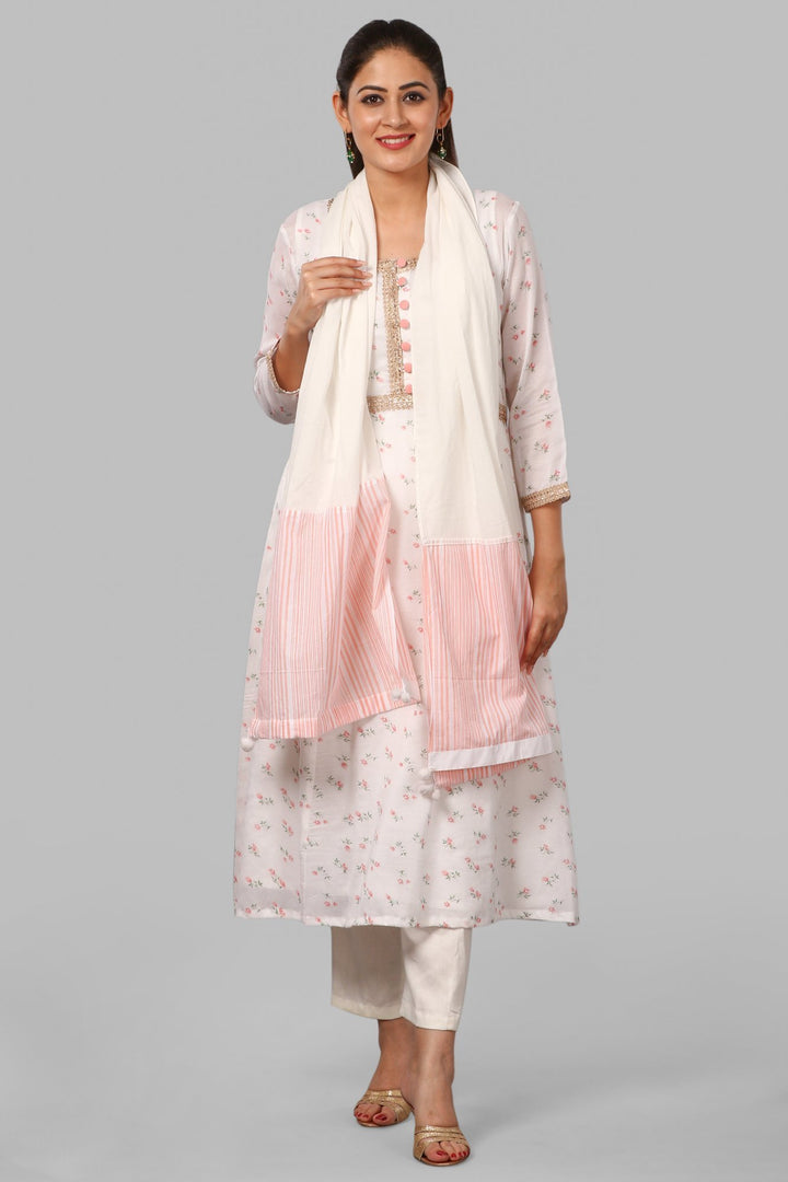 anokherang Combos Peach Floral Flared Kurti with Straight Pants and Printed Scarf