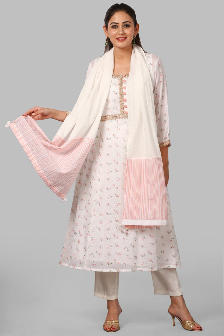 anokherang Combos Peach Floral Flared Kurti with Straight Pants and Printed Scarf