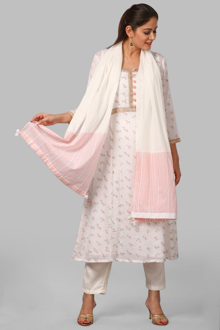 anokherang Combos Peach Floral Flared Kurti with Straight Pants and Printed Scarf