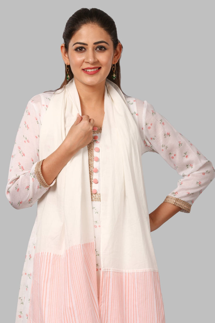 anokherang Combos Peach Floral Flared Kurti with Straight Pants and Printed Scarf