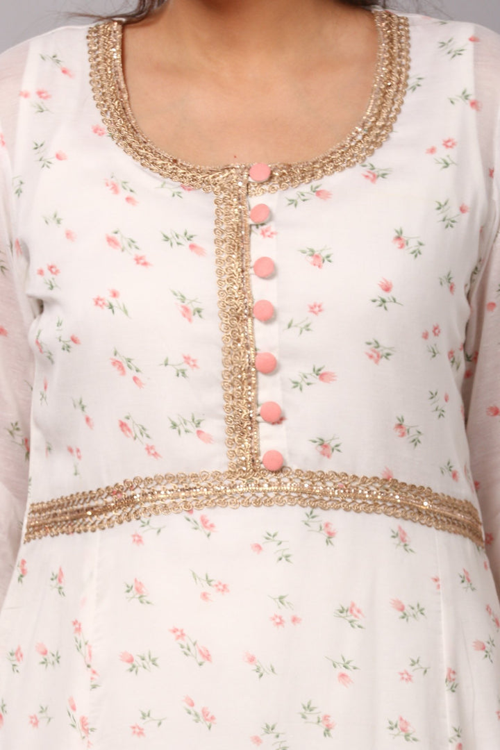 anokherang Combos Peach Floral Flared Kurti with Straight Pants and Printed Scarf