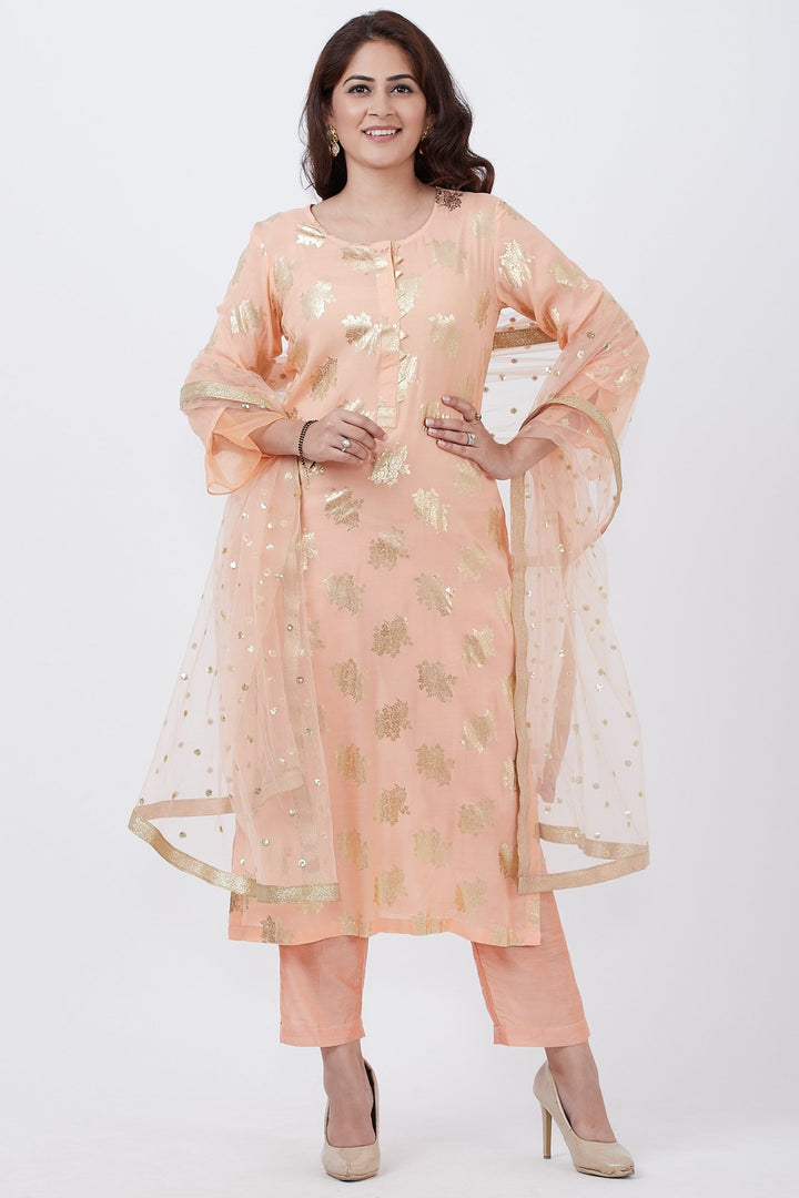 anokherang Combos Peach Floral Foil Print Kurti with Straight Pants and Net Sequins Dupatta