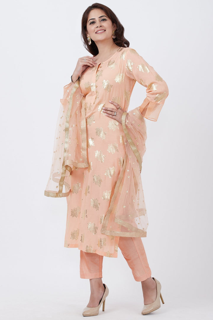 anokherang Combos Peach Floral Foil Print Kurti with Straight Pants and Net Sequins Dupatta