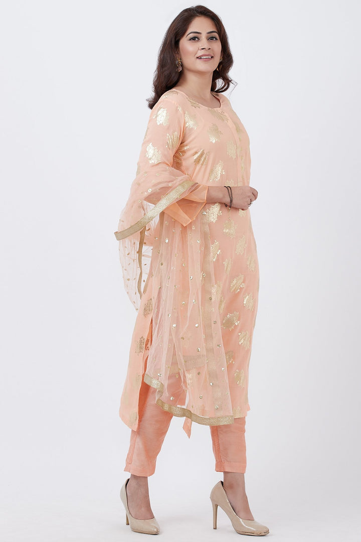 anokherang Combos Peach Floral Foil Print Kurti with Straight Pants and Net Sequins Dupatta