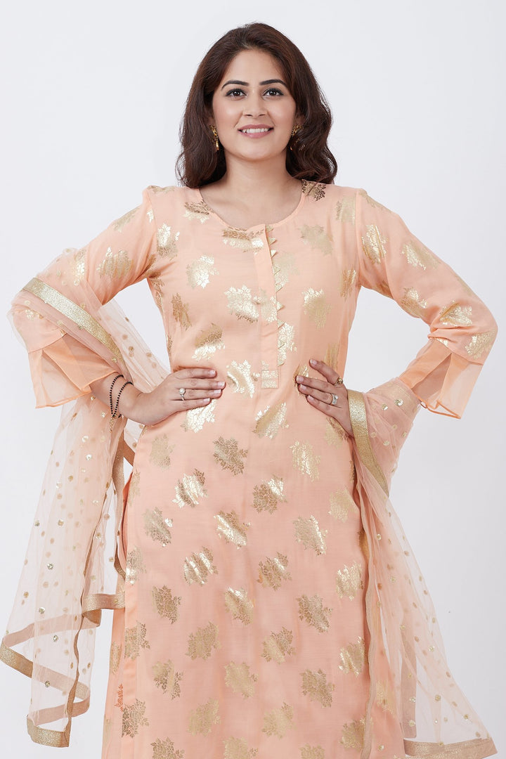 anokherang Combos Peach Floral Foil Print Kurti with Straight Pants and Net Sequins Dupatta
