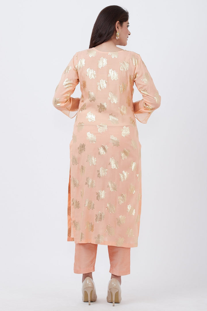 anokherang Combos Peach Floral Foil Print Kurti with Straight Pants and Net Sequins Dupatta