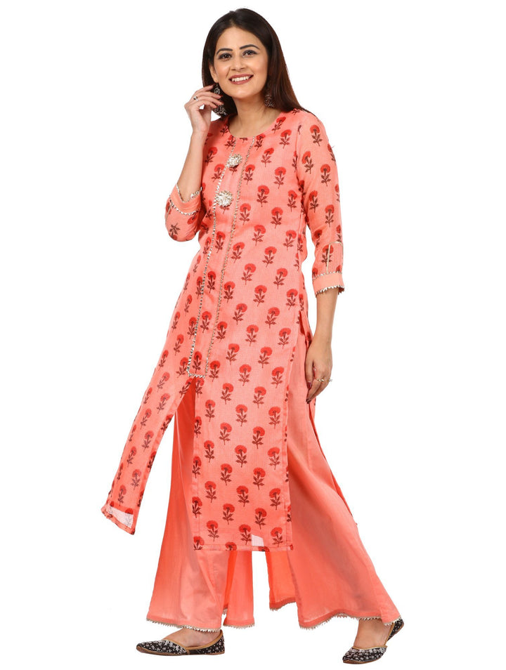 anokherang Combos Peach Floral Kurti with Kalidaar Palazzo