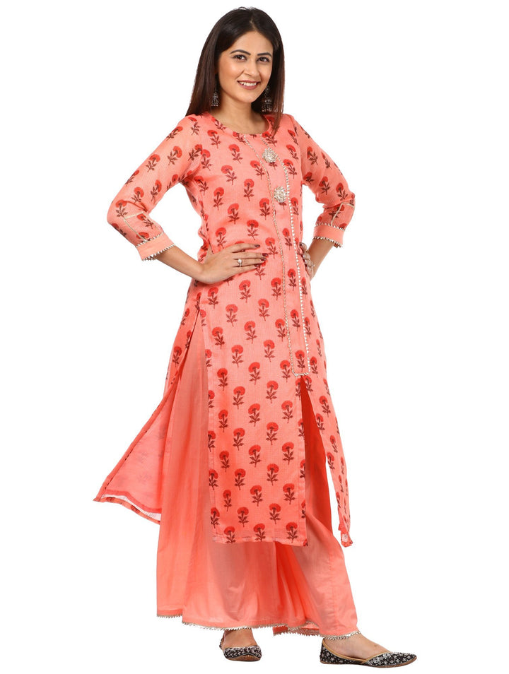 anokherang Combos Peach Floral Kurti with Kalidaar Palazzo