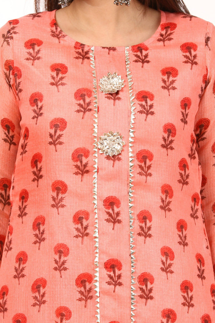 anokherang Combos Peach Floral Kurti with Kalidaar Palazzo
