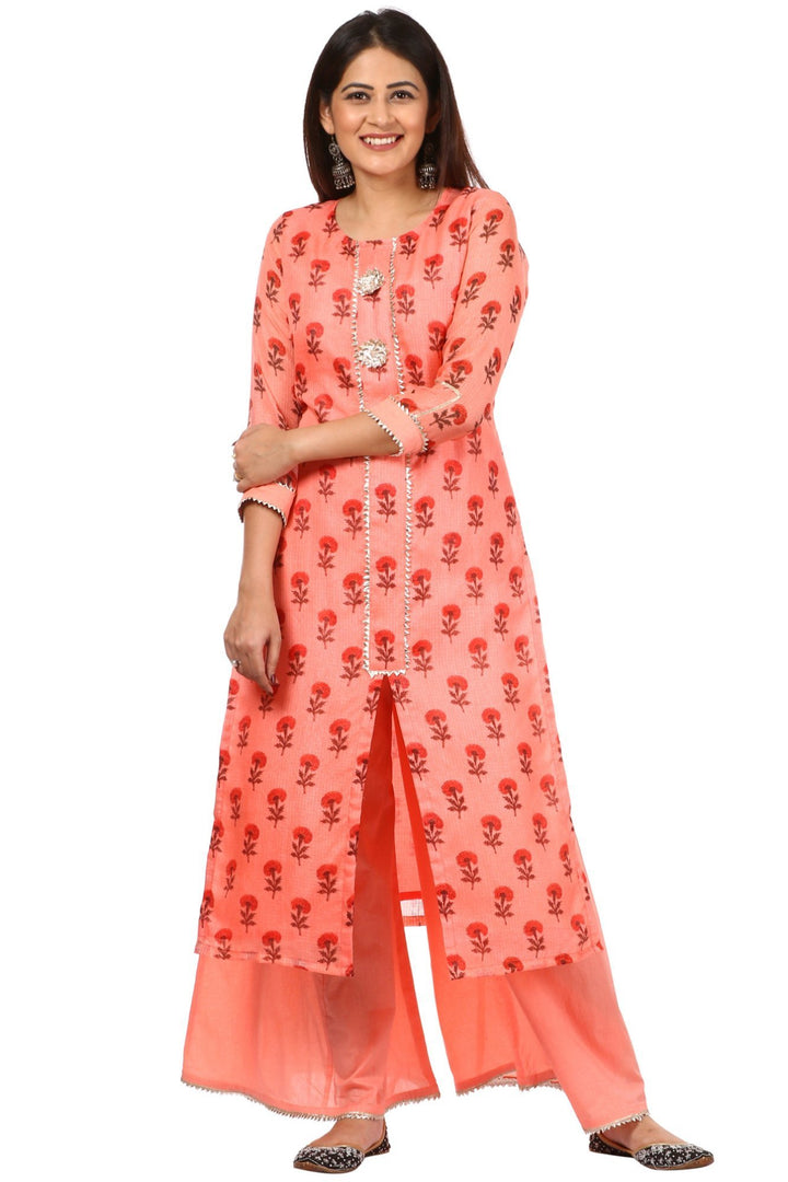 anokherang Combos Peach Floral Kurti with Kalidaar Palazzo