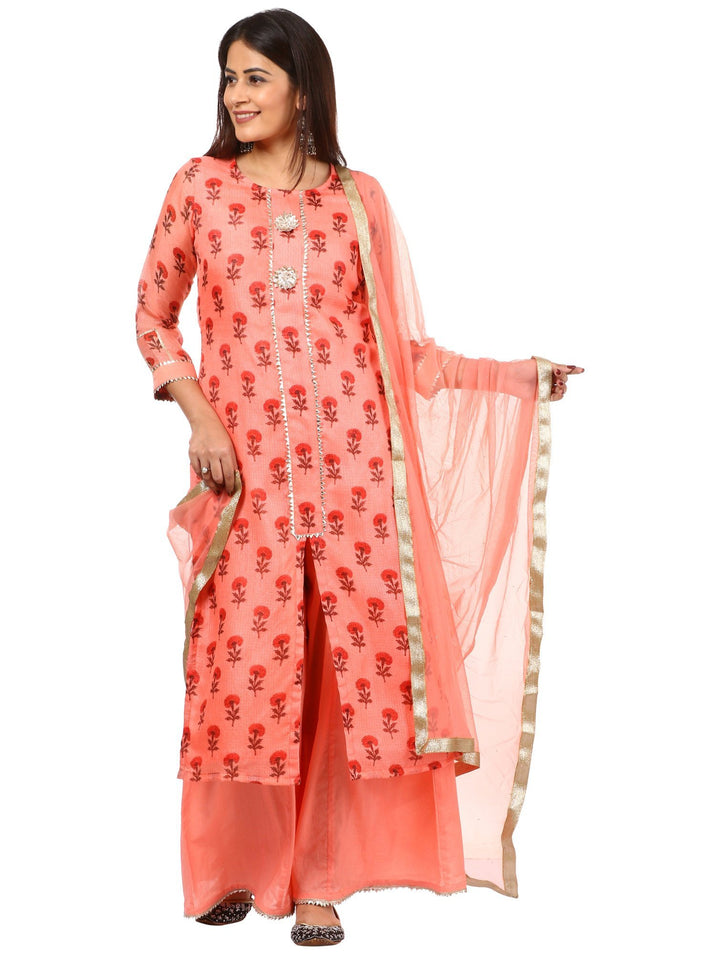 anokherang Combos Peach Floral Kurti with Kalidaar Palazzo and Net Dupatta
