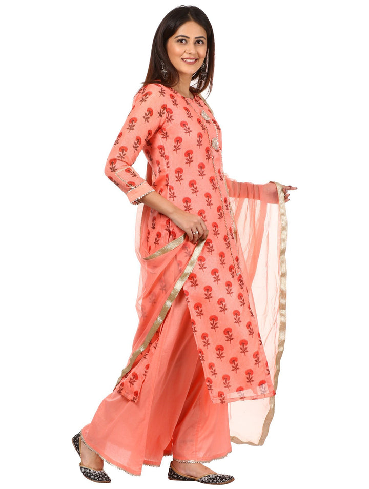 anokherang Combos Peach Floral Kurti with Kalidaar Palazzo and Net Dupatta