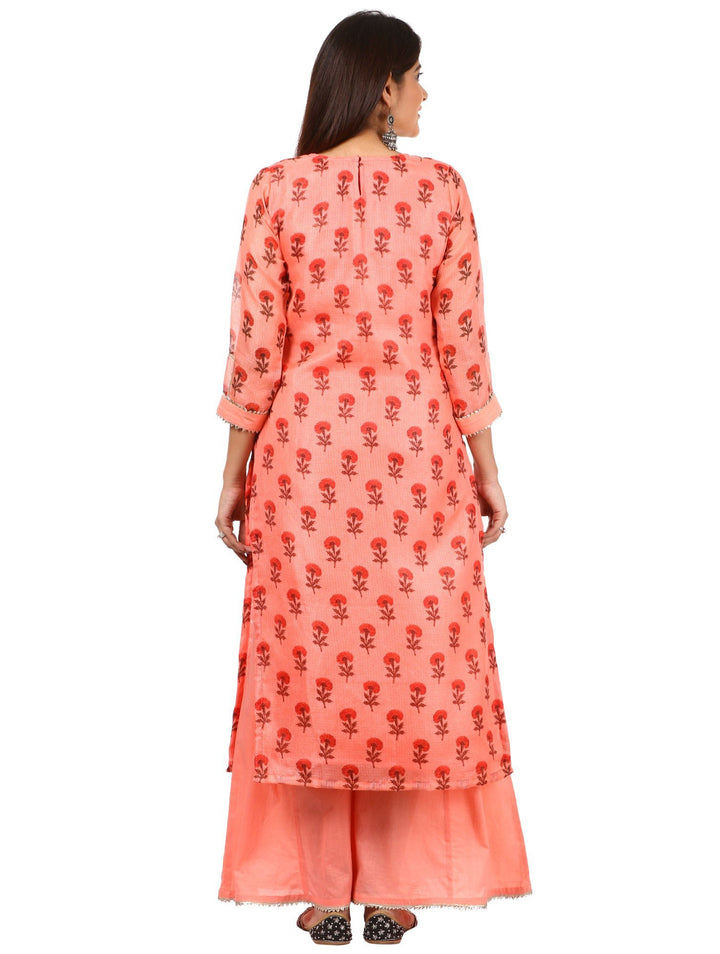 anokherang Combos Peach Floral Kurti with Kalidaar Palazzo and Net Dupatta