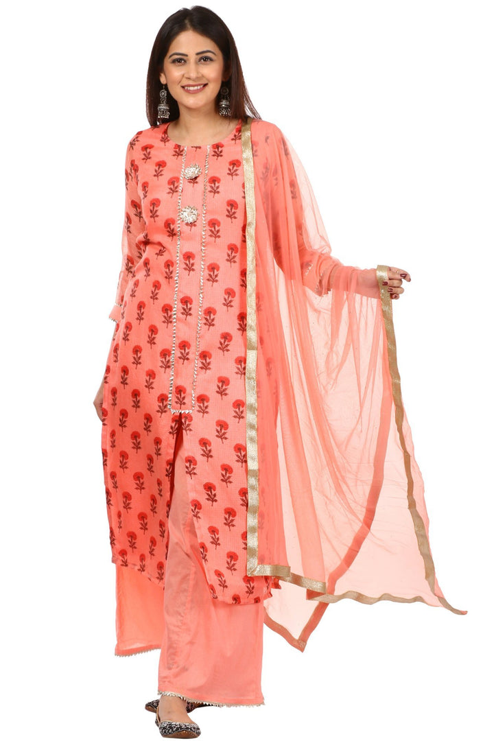 anokherang Combos Peach Floral Kurti with Kalidaar Palazzo and Net Dupatta