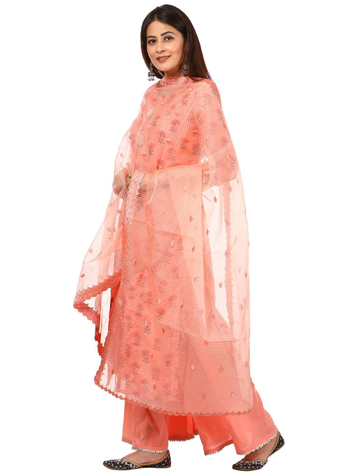 anokherang Combos Peach Floral Kurti with Kalidaar Palazzo and Organza Dupatta