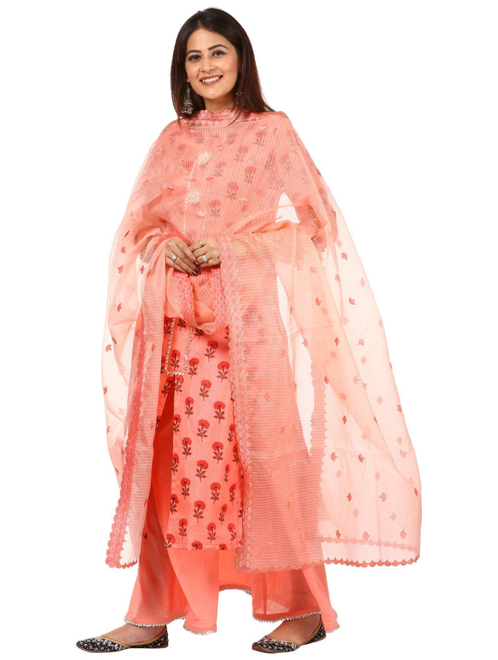 anokherang Combos Peach Floral Kurti with Kalidaar Palazzo and Organza Dupatta