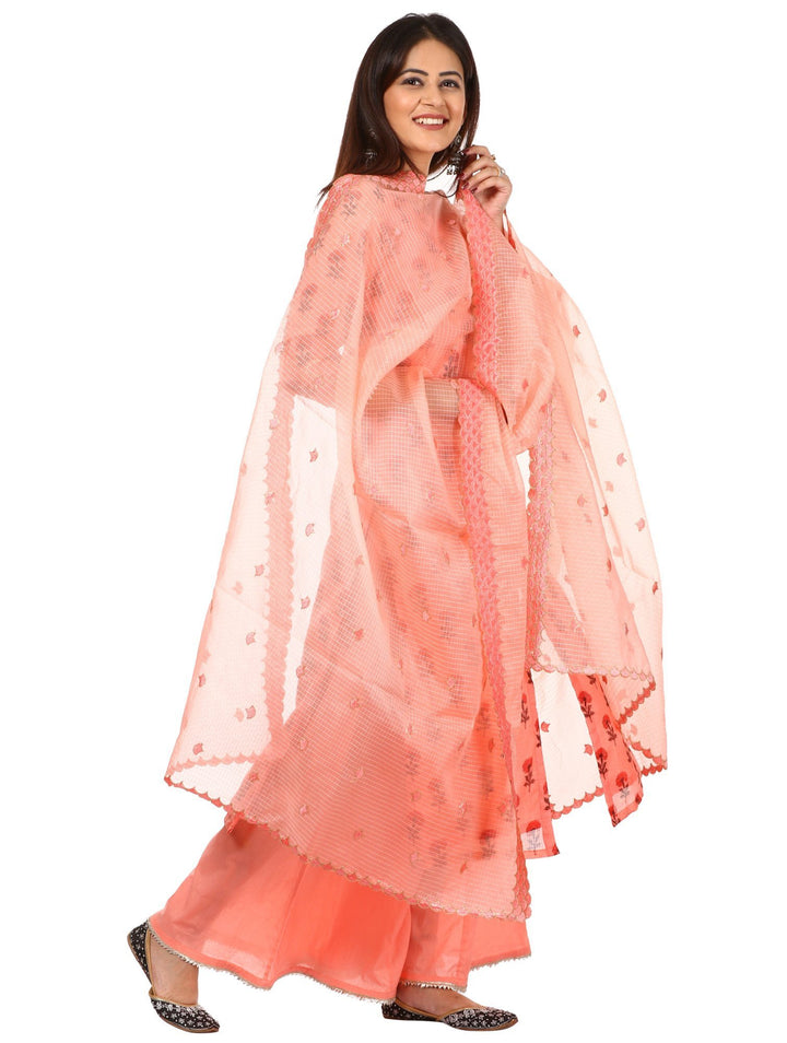 anokherang Combos Peach Floral Kurti with Kalidaar Palazzo and Organza Dupatta