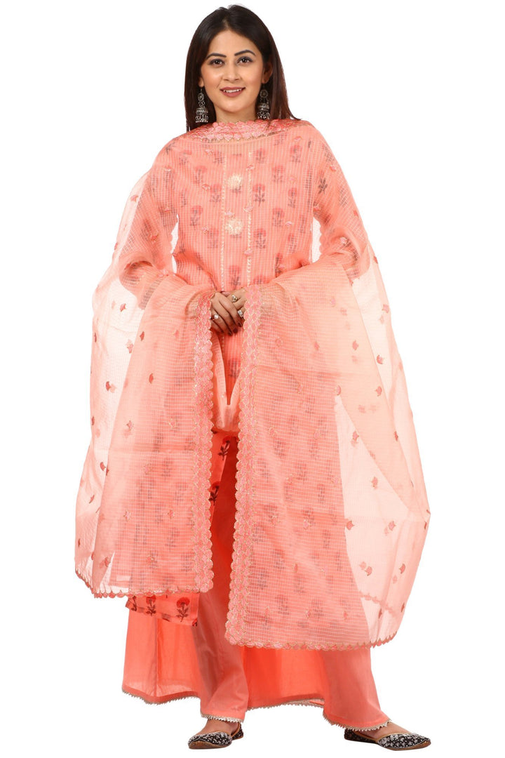 anokherang Combos Peach Floral Kurti with Kalidaar Palazzo and Organza Dupatta