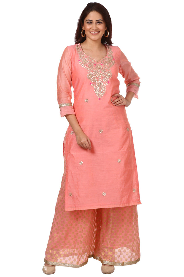 anokherang Combos Peach Gotta Kurti with Banarsi Kalidar Palazzo