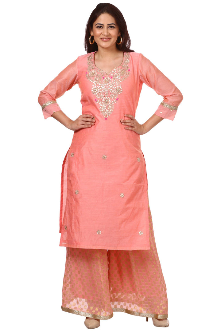 anokherang Combos Peach Gotta Kurti with Banarsi Kalidar Palazzo