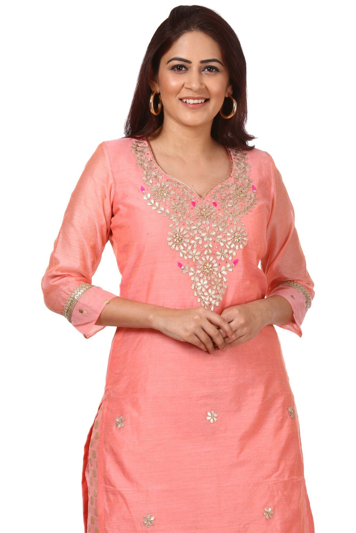 anokherang Combos Peach Gotta Kurti with Banarsi Kalidar Palazzo