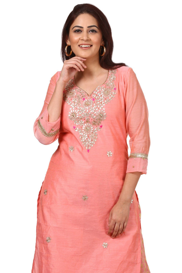 anokherang Combos Peach Gotta Kurti with Banarsi Kalidar Palazzo