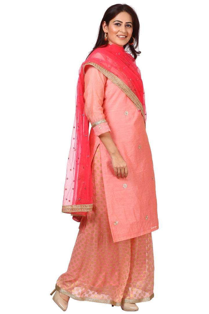 anokherang Combos Peach Gotta Kurti with Banarsi Kalidar Palazzo and Carrot Pink Sequenced Dupatta