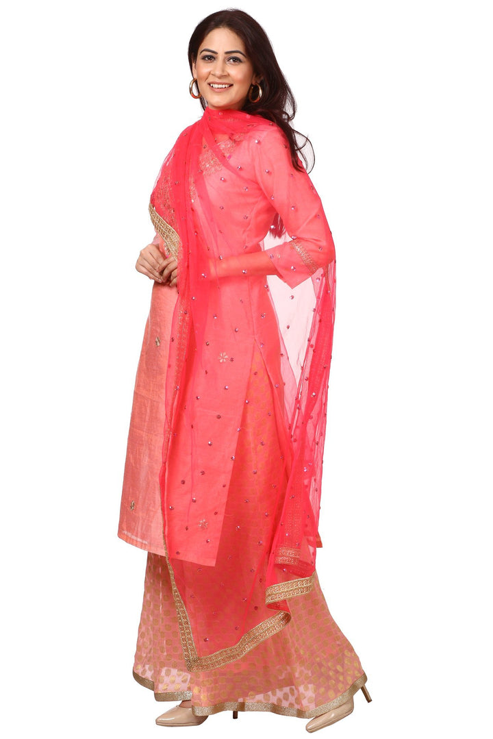 anokherang Combos Peach Gotta Kurti with Banarsi Kalidar Palazzo and Carrot Pink Sequenced Dupatta