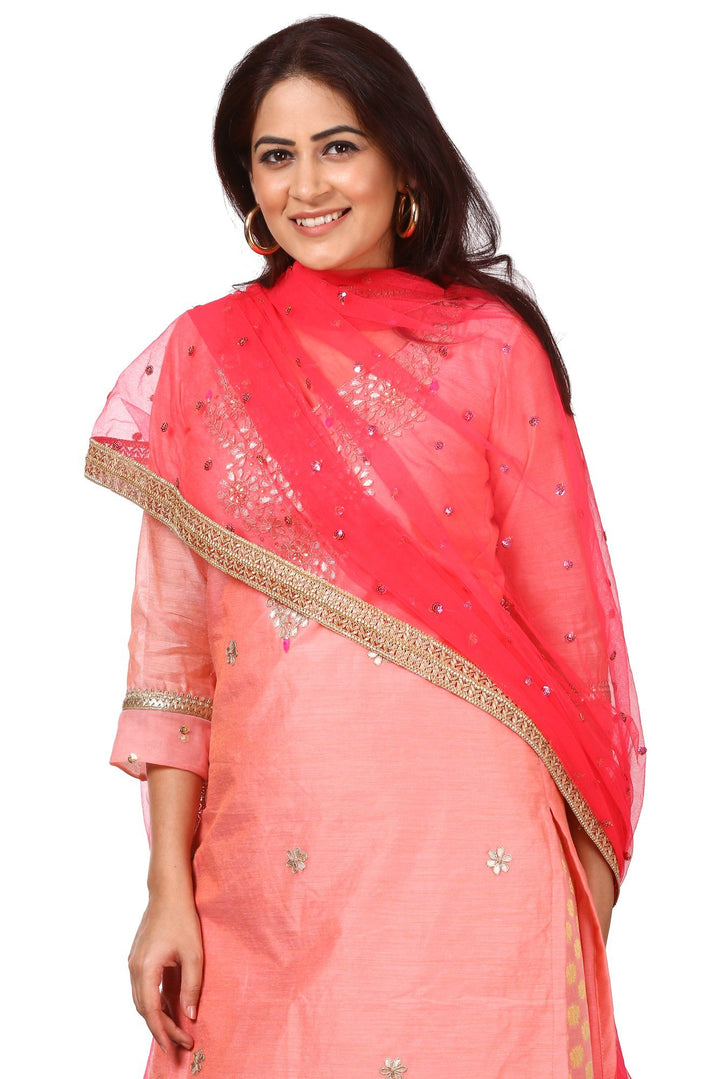 anokherang Combos Peach Gotta Kurti with Banarsi Kalidar Palazzo and Carrot Pink Sequenced Dupatta