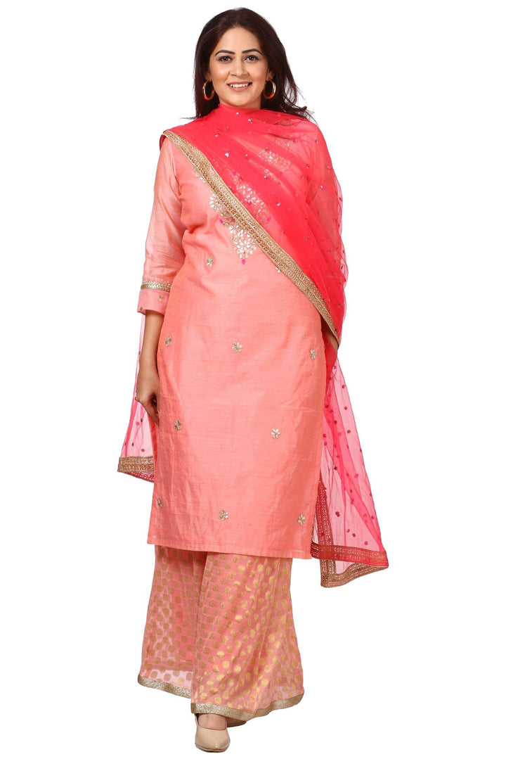 anokherang Combos Peach Gotta Kurti with Banarsi Kalidar Palazzo and Carrot Pink Sequenced Dupatta