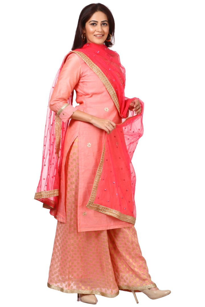 anokherang Combos Peach Gotta Kurti with Banarsi Kalidar Palazzo and Carrot Pink Sequenced Dupatta