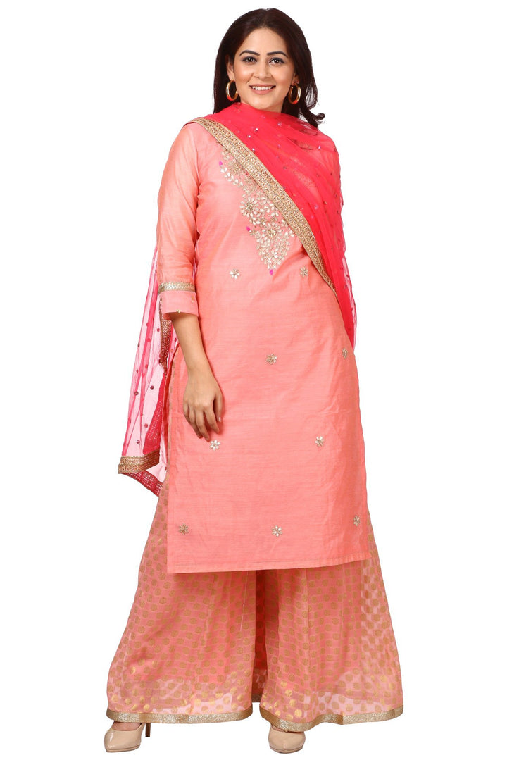 anokherang Combos Peach Gotta Kurti with Banarsi Kalidar Palazzo and Carrot Pink Sequenced Dupatta