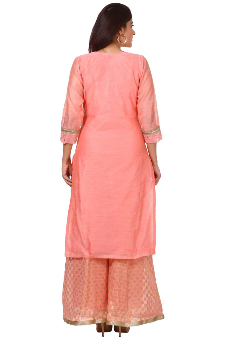 anokherang Combos Peach Gotta Kurti with Banarsi Kalidar Palazzo and Peach Festive Dupatta