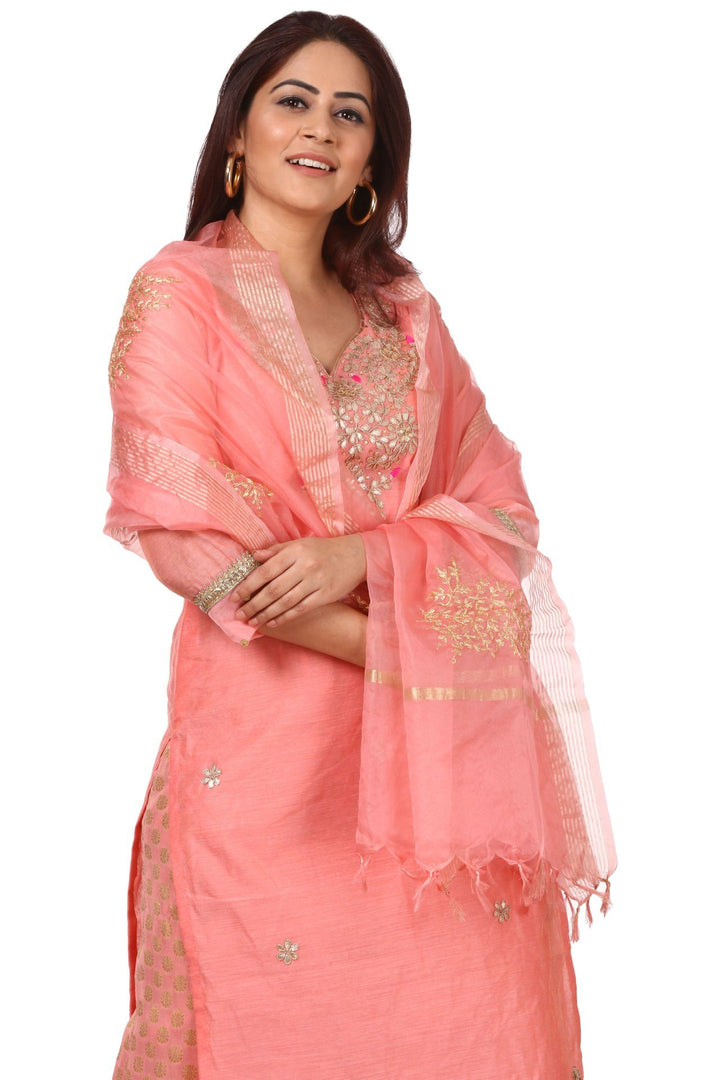 anokherang Combos Peach Gotta Kurti with Banarsi Kalidar Palazzo and Peach Festive Dupatta