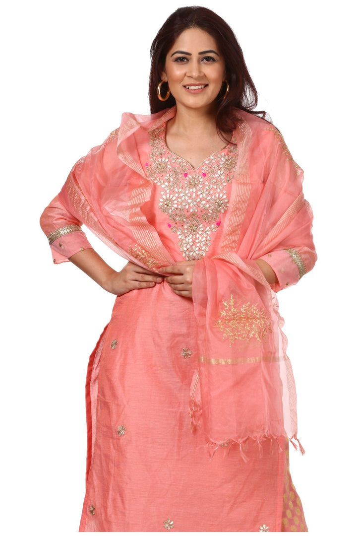 anokherang Combos Peach Gotta Kurti with Banarsi Kalidar Palazzo and Peach Festive Dupatta