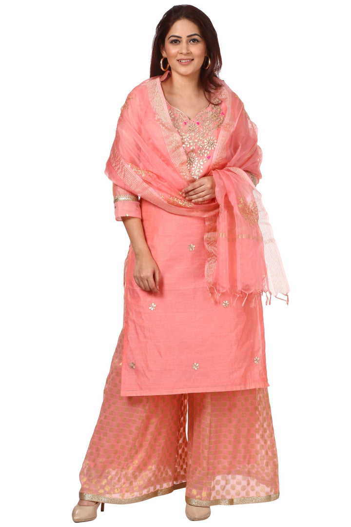 anokherang Combos Peach Gotta Kurti with Banarsi Kalidar Palazzo and Peach Festive Dupatta