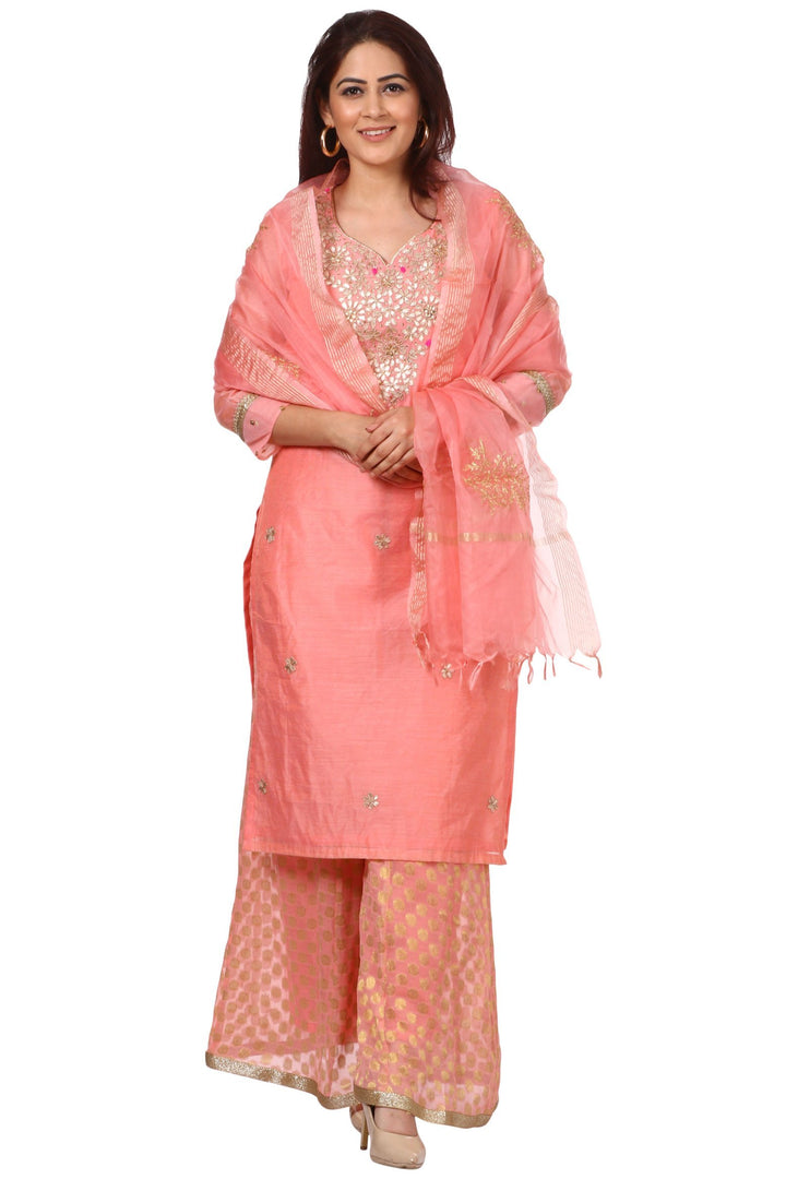 anokherang Combos Peach Gotta Kurti with Banarsi Kalidar Palazzo and Peach Festive Dupatta