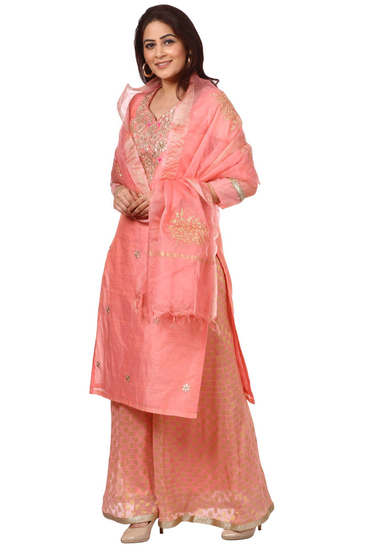 anokherang Combos Peach Gotta Kurti with Banarsi Kalidar Palazzo and Peach Festive Dupatta